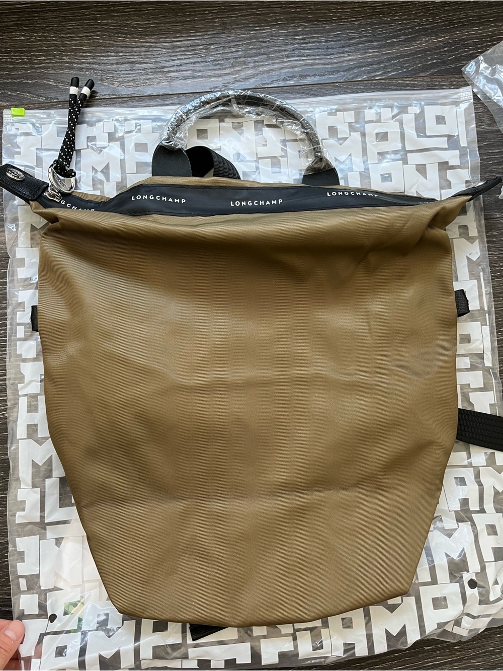 Longchamp Olive Green Roll-Top Backpack with Black Trim